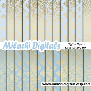 Carta digitale Damask blu e oro, modelli damasco senza cuciture, scrapbook, sfondi dorati, carte principe, modelli di lusso M894