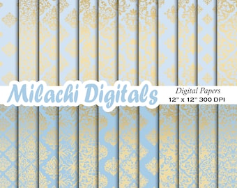Blue and Gold Damask digital paper, seamless damask patterns, scrapbook papers, gold backgrounds, prince papers, luxury patterns M894