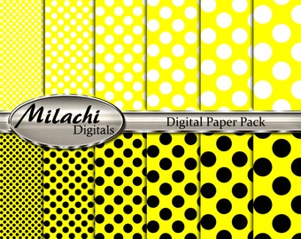 Yellow white black polka dots digital paper pack, scrapbook papers, backgrounds - Commercial Use - Instant Download -M248