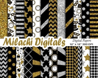 60% OFF SALE Happy New Year digital paper, new year's eve scrapbook papers, new year wallpaper, black gold and silver background-M468