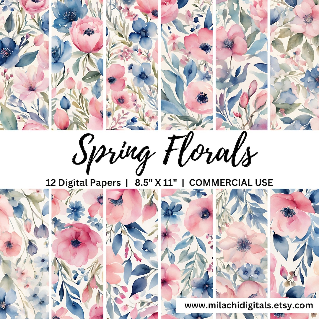 Watercolor Spring Florals Digital Paper Pack, 8.5"x11" Printable Junk ...