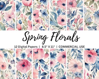 Watercolor Spring Florals Digital Paper Pack, 8.5"x11" Printable Junk Journal Pages, Flower Backgrounds, Instant Download, Commercial Use