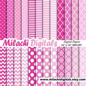roze digitale papier, scrapbook papers, achtergrond, polka stippen, strepen, Marokkaanse patroon, chevron, damast - M527