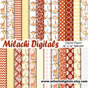 Giraffe Digital Paper Seamless 12&quot;x12&quot; Scrapbook Paper, Junk Journal Pages, Card Making, Printable, Watercolor Giraffe Backgrounds, Crafts