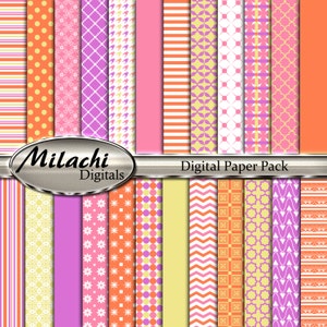 Puede incluir: Un paquete de papel digital con 20 patrones diferentes en tonos de naranja, rosa, amarillo y morado. Los patrones incluyen rayas, lunares, formas geométricas y diseños florales. El texto "Milachi Digitals" y "Digital Paper Pack" se muestra en la imagen.