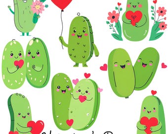 Valentine's Day Pickle Clipart, 8 Cute PNG Designs For Crafts, Funny Green Pickles With Hearts, Perfect For DIY Valentine Projects