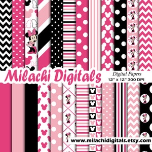 Minnie mouse digital paper, scrapbook papers, wallpaper, minnie background, polka dots, chevron, stripes - M405