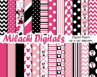 Minnie mouse digital paper, scrapbook papers, wallpaper, minnie background, polka dots, chevron, stripes - M405