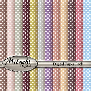 Puede incluir: Paquete de papel digital con 18 patrones diferentes de lunares. Los patrones son de varios colores, incluyendo rosa, marrón, gris, morado, amarillo y azul. El texto "Milachi Digitals" y "Digital Paper Pack" está incluido en la imagen.