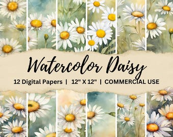 Watercolor Daisy Digital Paper, floral backgrounds, junk journal paper, printable scrapbook paper, paper for crafting, commercial use