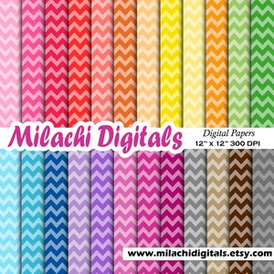 May include: A set of 20 digital papers featuring chevron patterns in various colors, including pink, red, orange, yellow, green, blue, purple, and brown. The papers are 12 inches by 12 inches and 300 DPI. The text "Milachi Digitals" and "www.milachidigitals.etsy.com" are also included in the image.