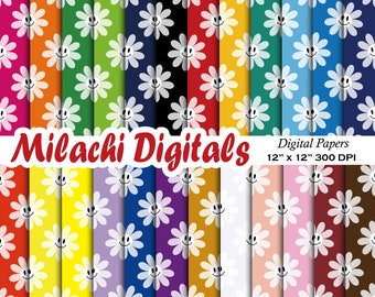 Groovy Retro Digital Paper Pack, Scrapbook Papers, Happy Face Flower Naadloze Patronen, Achtergronden, Afdrukbaar, Notebook Cover - M1001