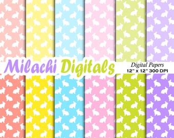 May include: Set of eight digital papers featuring a repeating pattern of white bunny silhouettes on various pastel backgrounds, including pink, yellow, blue, green, and purple. The papers are 12 inches by 12 inches and 300 DPI.  The text "Milachi Digitals" and "www.milachidigitals.etsy.com" are also included in the image.