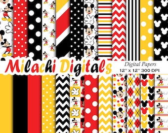 note paper 100 sheets Mickey mouse digital paper, scrapbook papers, wallpaper, mickey background, polka dots, chevron, stripes - M403