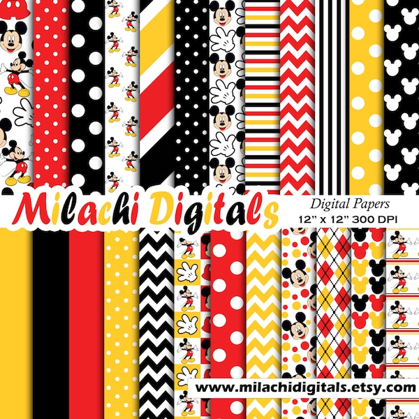 Mickey mouse digitales Papier, Scrapbook Papiere, Tapeten, Micky Hintergrund, Polka Dots, Chevron, Streifen - M403