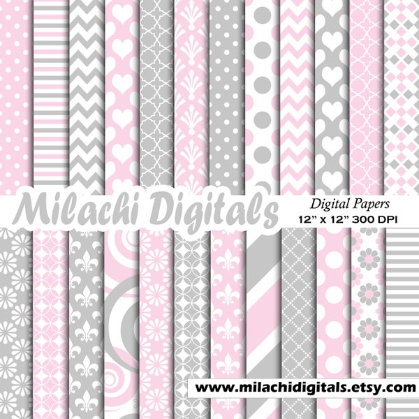 Light pink and light gray digital paper baby shower scrapbook papers invitation background wallpaper commercial use - M632