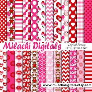 Valentinstag digitales Papier, Valentinstag Scrapbook Papiere, Liebe Tapete, Herz Hintergrund, Teddybär, Eule, Blumen - M912