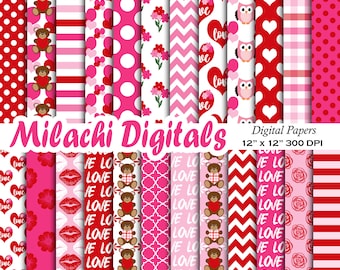 Valentinstag digitales Papier, Valentinstag Scrapbook Papiere, Liebe Tapete, Herz Hintergrund, Teddybär, Eule, Blumen - M912