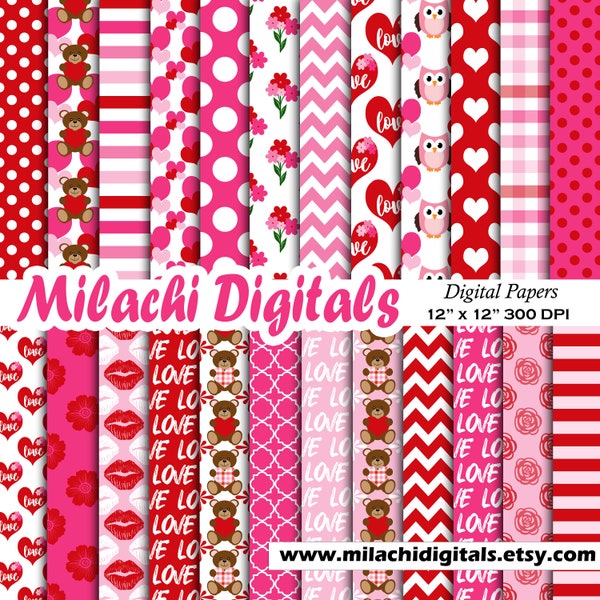 Valentine digital paper, valentine's day scrapbook papers, love wallpaper, heart background, teddy bear, owl, flowers - M912