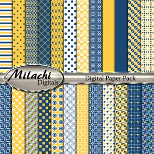 Könnte beinhalten: Ein digitales Papierpaket mit 24 verschiedenen Mustern in Gelb-, Blau- und Weißtönen. Die Muster umfassen Streifen, Punkte, geometrische Formen und florale Designs. Der Text "Milachi Digitals" und "Digital Paper Pack" ist auf dem Bild sichtbar.