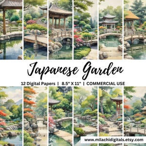Könnte beinhalten: Zwölf digitale Papiere mit Aquarell-Illustrationen eines japanischen Gartens mit Brücken, Teichen und Pagoden. Die Papiere sind 8,5 Zoll mal 11 Zoll groß und für kommerzielle Zwecke bestimmt.