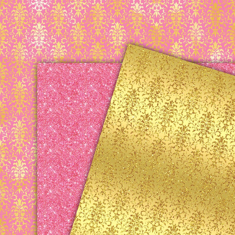 Princess Belle digital paper scrapbook papers gold metallic background pink glitter damask wallpaper commercial use M786