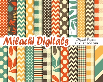 Fall Digital Paper, Scrapbook Papers, Autumn Digital Paper, Leaves, Harvest, Chevron Backgrounds, Printable, Commercial Use M772