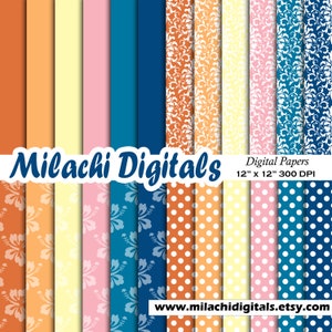 Papel digital Vintage Sunset, papéis de scrapbook para chá de bebê, papel de parede de aniversário, cores sólidas, bolinhas, damasco, fundo de hibisco - M916