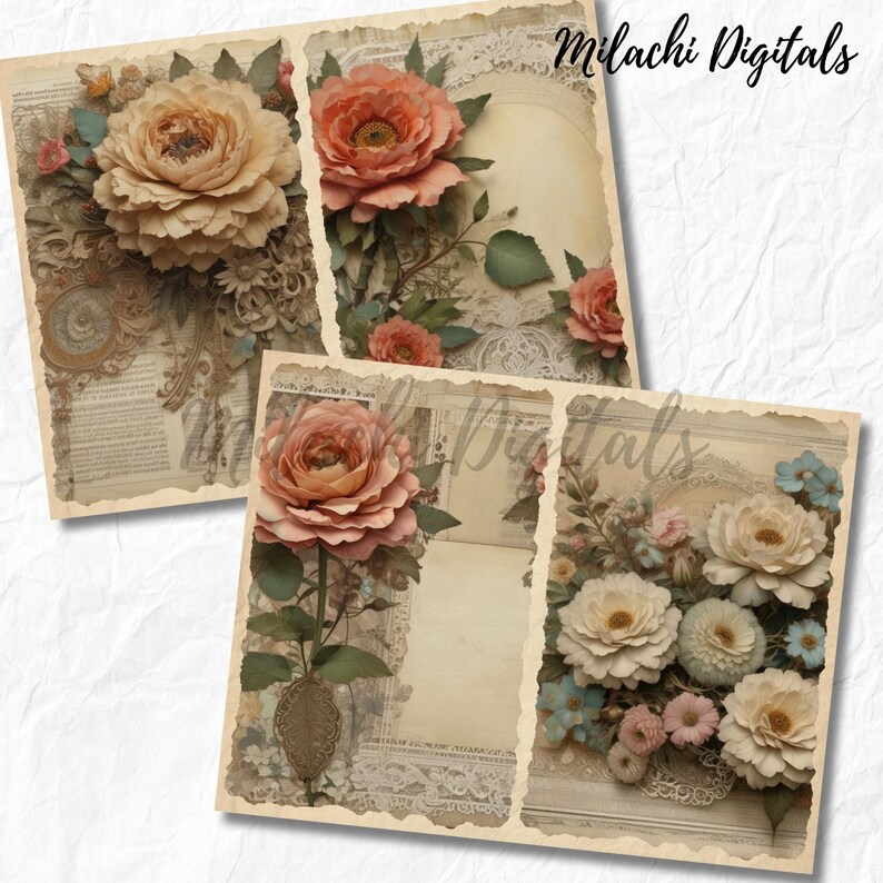 Shabby Chic Junk Journal Paper Printable, Shabby Floral Scrapbook Paper ...