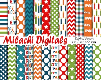 May include: A set of 12 digital papers featuring various birthday party patterns. The patterns include red and white polka dots, green and white polka dots, blue and white polka dots, orange and white chevron, red and white chevron, blue and white chevron, red and white stripes, blue and white stripes, red and white gingham, blue and white gingham, candles with a white background, and stars with a red background. The papers are 12 inches by 12 inches and 300 DPI.