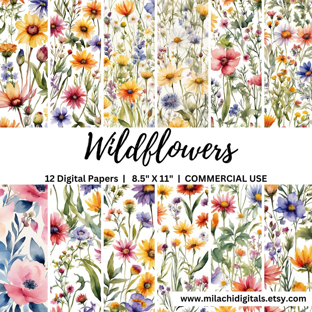 Watercolor Wildflowers Digital Paper Pack, 8.5"x11" Printable Junk ...