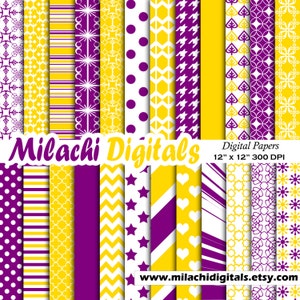 Purple and Yellow digital paper, background, scrapbook papers, stars, polka dots, houndstooth, chevron, stripes - M294