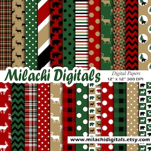 Lumberjack digital paper, buffalo plaid scrapbook papers, woodland wallpaper, moose background - M409