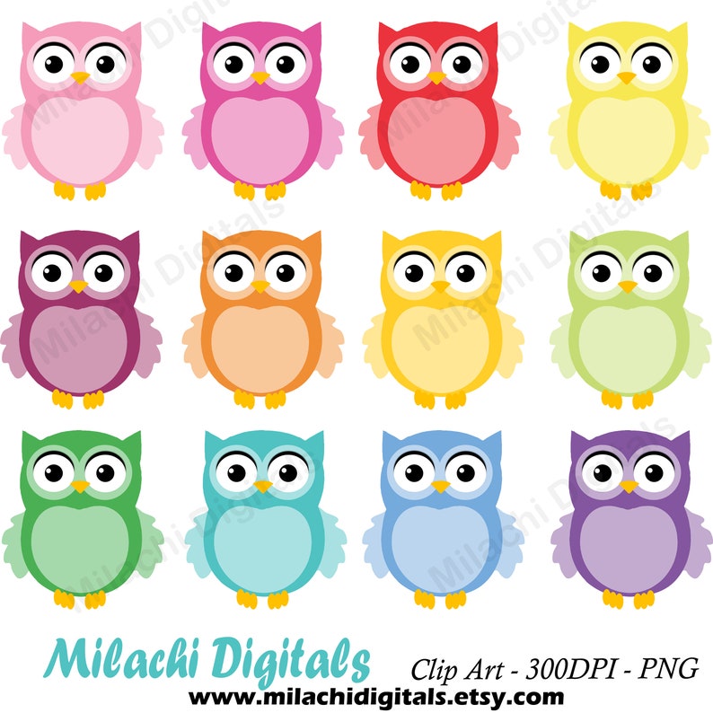 May include: Set of 10 colorful owl clip art images. Each owl is a different color of the rainbow, with a white belly and black eyes. The owls are all facing forward with their wings spread out.