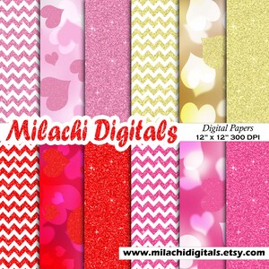 Valentine&#39;s Day Bokeh Hearts chevron glitter digital paper, valentine background, wallpaper, printable - M309