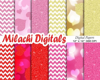 Valentinstag Bokeh Herzen Chevron Glitzer digitales Papier, Valentinstag Hintergrund, Tapete, bedruckbar - M309