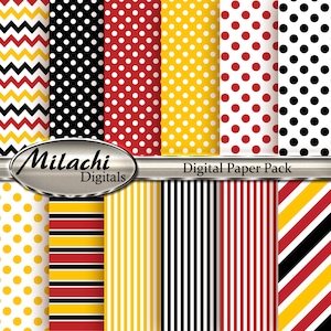 Mickey Mouse Digital Paper, Polka Dots, Stripes, Chevron, Yellow, Red, Black - M37