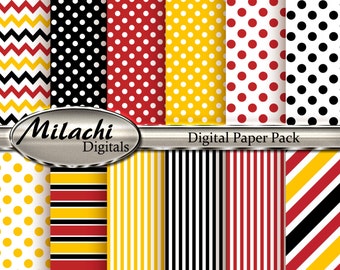 Mickey Mouse Digital Paper, Polka Dots, Stripes, Chevron, Yellow, Red, Black - M37