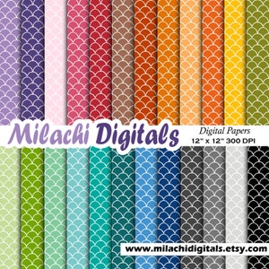 May include: A set of 24 digital papers featuring a repeating pattern of white outlined half-circles arranged in a fish scale design. The papers are in a variety of colors, including purple, pink, red, brown, orange, yellow, green, blue, and gray. The papers are 12 inches by 12 inches and 300 DPI. The text "Milachi Digitals" and "Digital Papers 12" x 12" 300 DPI" is included in the image. The website address "www.milachidigitals.etsy.com" is also included in the image.