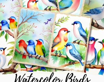 Watercolor Birds Junk Journal Paper Printable, Birds Scrapbook Paper, Whimsical Birds Junk Journal Digital Collage Sheet, Commercial Use