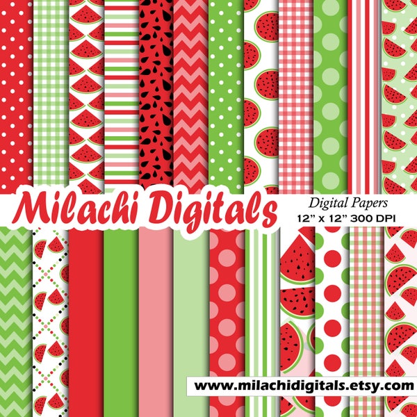 Watermelon digital paper, picnic scrapbook papers, watermelon background, wallpaper, commercial use - M543