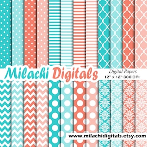 Koraal en turquoise digitale papier, scrapbook papers, achtergrond, polka stippen, strepen, Marokkaanse patroon, chevron, damast - M522