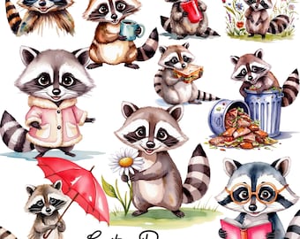 Söt tvättbjörn Clipart-set, 10 PNG-bilder med transparenta bakgrunder, med tvättbjörnar som njuter av snacks och smuttar från en mugg, kommersiellt bruk