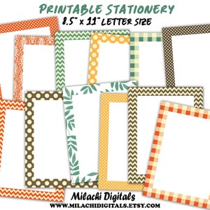 May include: Printable stationery paper in 8.5" x 11" letter size. The image shows 10 different designs with various patterns including polka dots, gingham, chevron, and leaves. The text "Milachi Digitals" and "www.milachidigitals.etsy.com" is at the bottom of the image.
