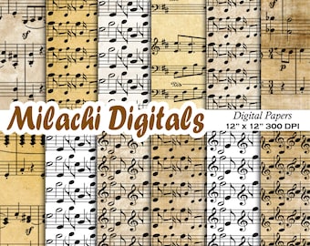 音楽デジタルペーパー、楽譜用紙、スクラップブック用紙、音楽ノート、音楽背景 - M370