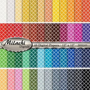 Könnte beinhalten: Ein Set mit 48 digitalen Papieren mit einem sich wiederholenden geometrischen Muster aus weißen Kleeblättern auf einer Vielzahl von farbigen Hintergründen. Die Papiere sind 30,5 cm x 30,5 cm groß und haben eine Auflösung von 300 DPI.