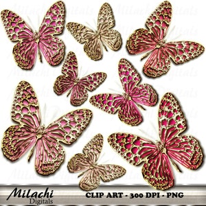 Goud roze vlinders digitale illustraties - commercieel gebruik - Instant Download - M142