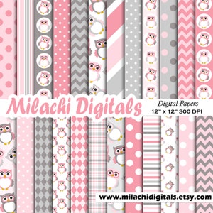 Papel digital corujas, papéis de scrapbook rosa e cinza, papel de parede coruja, fundo corujas - M476