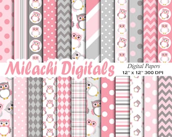 Owls digital paper, pink and gray scrapbook papers, owl wallpaper, owls background - M476