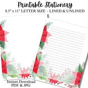 Printable Writing Paper Christmas Poinsettia Stationery, Digital Paper for Journals, Letters & Notes, Notepad, Office Writing Set, Office